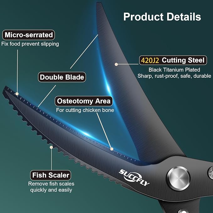 SUCCFLY Kitchen Shears Heavy Duty, Premium Kitchen Scissors Stainless Steel, 8.8" Poultry Shears Ultra Sharp for Bone Chicken Meat, Food Scissors Anti-Slip Handle, Black Titanium Plated, Spring Loaded