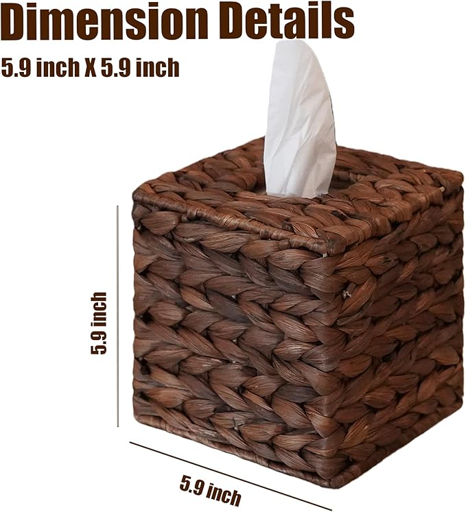 Water Hyacinth Handwoven Tissue Box Cover, Handcrafted Square Facial Tissue, Natural Handmade Wicker Napkin Box Holder, Rustic Decorative on Bathroom and Table, Office, Boho Decorative, Coffee