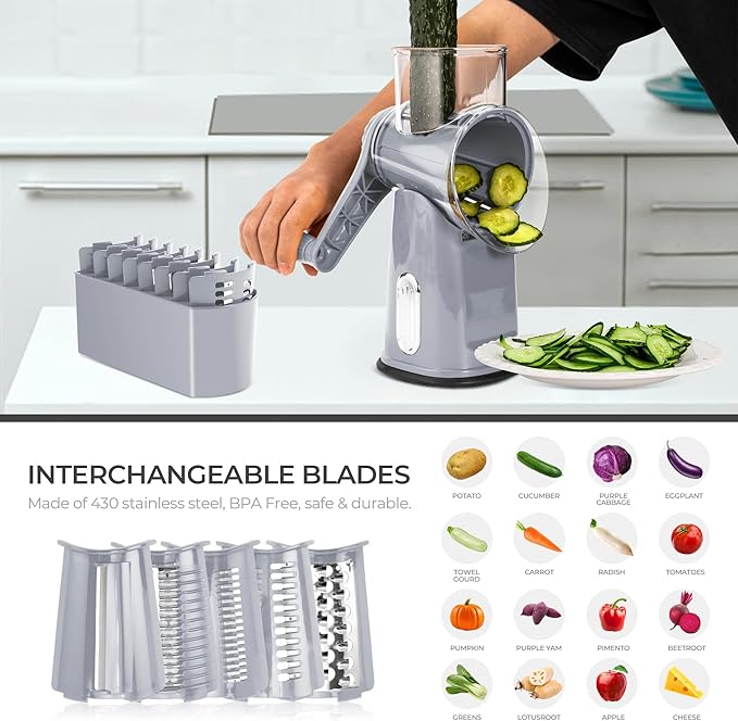 SUSTEAS Rotary Cheese Grater with Handle - Vegetable Shredder with 5 Well-designed Blades & Strong Suction Base,Round Mandoline Slicer & Food Chopper for Kitchen,with Blade Storage Box(Gray)