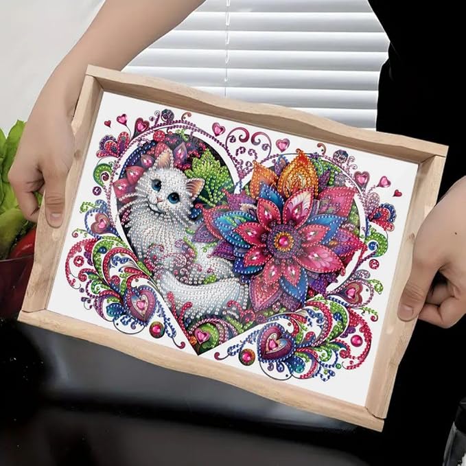 DIY Diamond Serving Tray Rectangular Breakfast Tray with Handle Handmade Diamond Art Painting Wooden Tray for Dinner Plate Coffee Room Living Home Organizer-Cat01