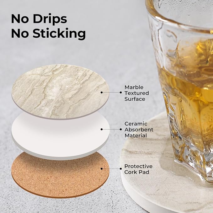 LIFVER Coasters for Coffee Table, Coasters for Drinks Absorbent, Drink Coasters, Housewarming Gift, Home Decor, Set of 6, Farmhouse Coaster Set with Holder, 4 Inches, Sandstone Style