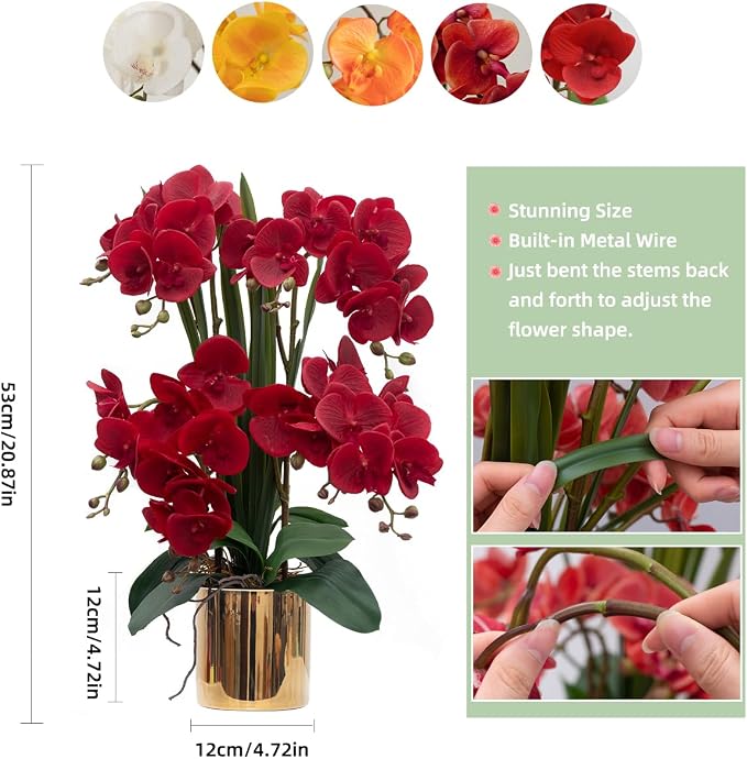 CXGS Artificial Orchid Flower Plants Real Touch Faux Orchids in Ceramic Vase 20.9'' Red Phalaenopsis Orchid Fake Flower Arrangement Home Indoor Decor