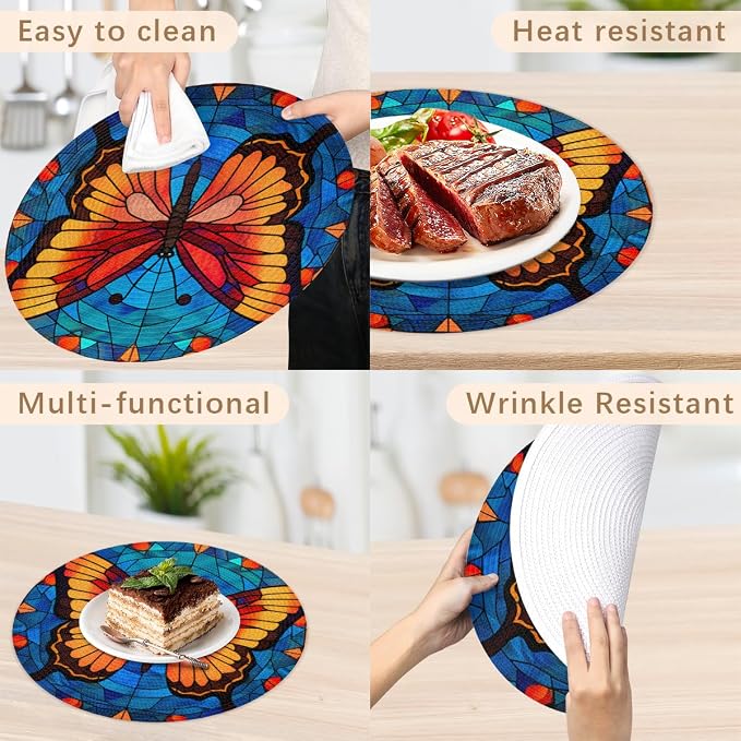 Round Placemats Set of 4, Butterfly Glass Background Woven Placemats Mats Non-Slip Heat Resistant Washable Table Mats Round Braided Place for Farmhouse Kitchen Dining Party Decor 15in