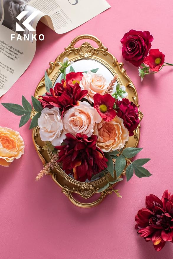 FANKO Artificial Flowers for DIY Bouquet, Faux Rose Combo Burgundy Red Peach Orange, Fake Flower Rose Dahlia Ranunculus for Vase, Floral Arrangement, Centerpieces, Wedding, Home Decor, Party
