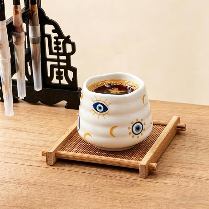 4pcs Japanese Tea Cup Set – Mini Size Cup 5OZ Ceramic Matcha Cup, Handless Espresso Cups, Cute Small Porcelain Coffee Mugs, for Coffee Tea Lovers, Dishwasher & Microwave Safe (Evil Eye)
