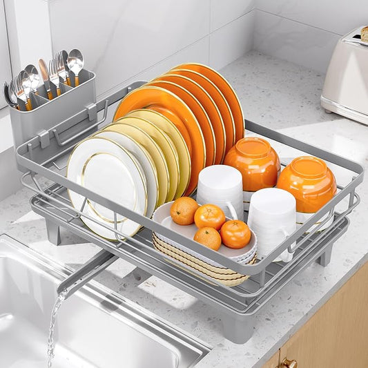 TOOLF Dish Drying Rack, Small Dish Racks for Kitchen Counter, Stainless Steel Sink Organization and Storage Essentials with Cutlery Holder, Dish Drainer, Home and Appartment Decor, Gray