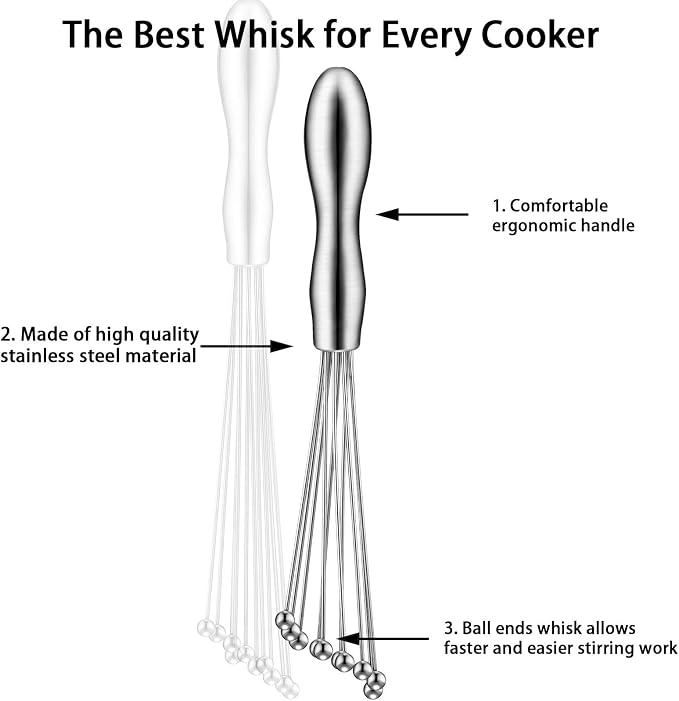 Patelai 2 Pieces Ball Whisk Set 10-Inch and 12-Inch Stainless Steel Ball Whisk Wire Egg Whisks for Cooking, Blending, Whisking, Beating, Stirring(10 Inch, 12 Inch)