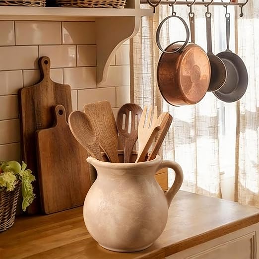 Potchen Rustic Kitchen Utensil Holder with Handle,7.48" H Ceramic Vintage Utensil Crock for Countertop, Farmhouse Kitchen Decoration Ceramic Pot for Spatulas Spoons Tongs(Classic,Antique Beige)