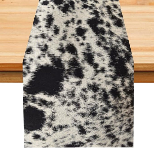 Cow Skin Print Table Runner, Western Cotton Linen Rustic Cottage Country Farm Animal Fur Skin Pattern Brown Cowhide Print Dinner Runner for Home Kitchen Dining Table Decoration 13x108 Inch