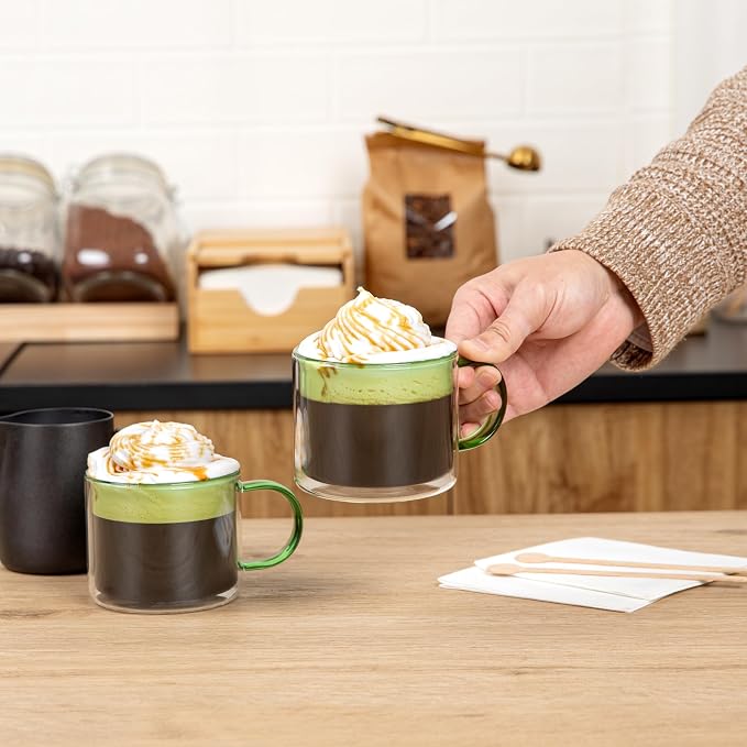 Restaurantware Coffee Cups 2 Pack of 11 oz Double Wall Glass Insulated Coffee Cup Borosilicate Mug Thermal Shock Resistant Handle Modern Design