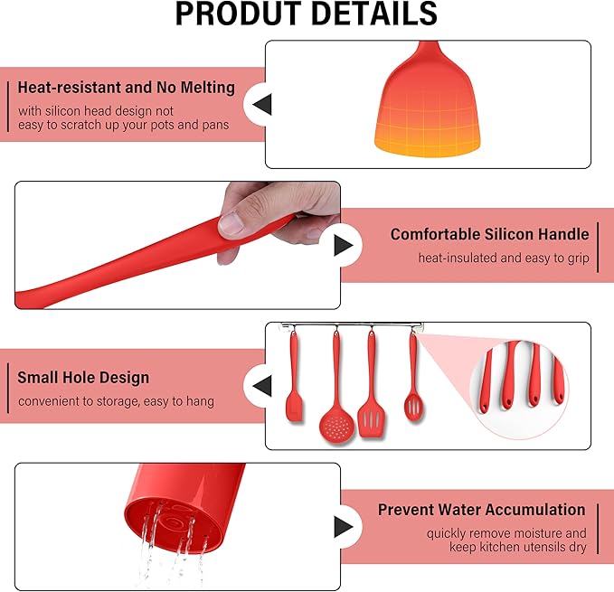 HaWare 11 PCS Silicone Cooking Utensils Set, Heat Resistant Kitchen Utensils with Holder, Food-grade Spatula Sets for Nonstick Cookware, Kitchen Tools Gadgets Include Fish Turner, Spoon (Red)