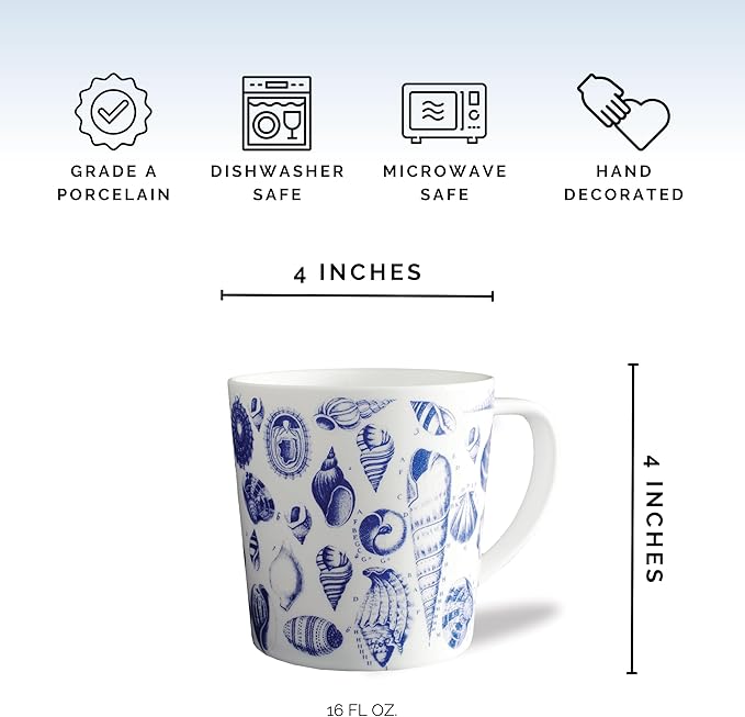 Caskata Shells Oversized Mugs Set of 4 | High-Design Premium Lead-Free Porcelain Blue Mug Set for Entertaining or Everyday | Unique Party Mugs for Wedding or Birthdays | 14 oz