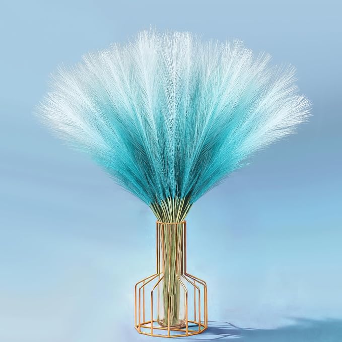 TORONTOKYO Light Blue Pampas Grass Decor, 50Pcs 21.6 inch Artificial Short Faux Pompas Grass, Boho Neutral Home Decor Bouquet for Floor Vase, Wedding, Party, Farmhouse, Bedroom Decor (Sky Blue)