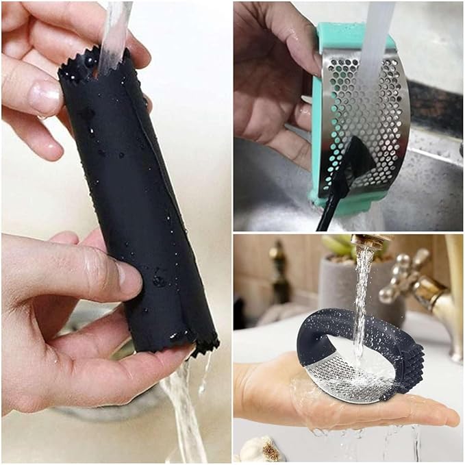3-in-1 Stainless Steel Garlic Press with Peeler & Brush - Professional Heavy Duty Garlic Mincer, Dishwasher Safe Kitchen Gadgets for Cooking, Easy Clean Design (Black)