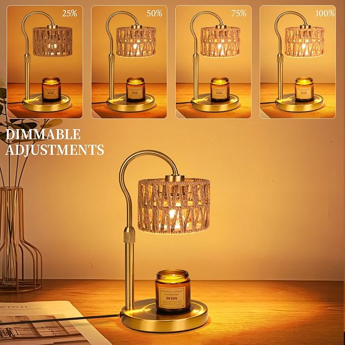 Candle Warmer Lamp,Adjustable Height with 2 Bulbs，Boho Rattan Candle Lamp with Dimmer & Timer, Flameless Fragrance Diffuser for Scented Wax Melts, Mothers Day and Birthday Gifts for Home, Office