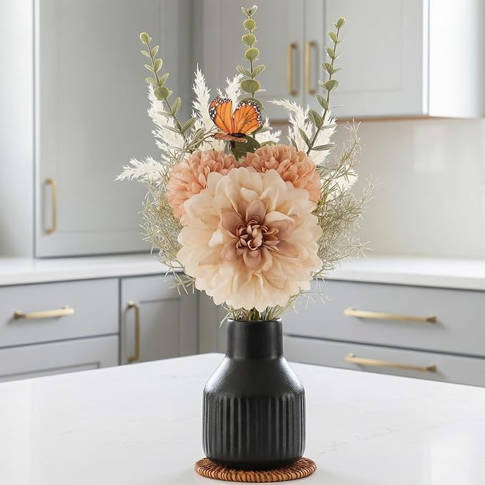 Small Fake Flowers in Vase 14"Centerpiece Table Decorations Silk Flowers Arrangements Ceramic Vase Dahlia Chrysanthemum Artificial Flowers Bouquet for Bathroom Dining Room Kitchen Wedding (Black)