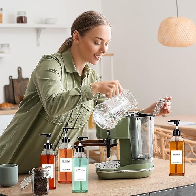 Nuogo 6 Pcs Coffee Syrup Dispenser Bottles Set 750ml, 500ml, 300ml, 150ml PET Black Syrup Bottles with Pump Dispenser 27 Labels for Coffee Bar Kitchen Accessories Portable Travel(16.9 oz,Square)