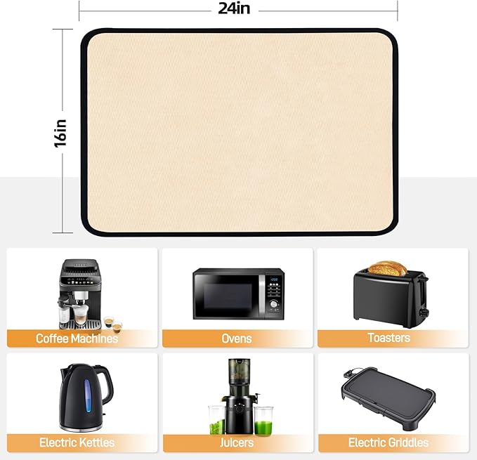 Heat Resistant Mat for Air Fryer, 16 x 24in Heat Resistant Mat for Countertop, Fireproof Silicone Countertop Protector Appliance Slider for Air Fryer, Coffee Maker, Toaster, Oven (Khaki)