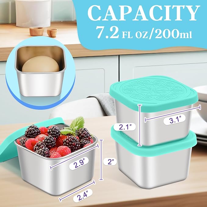 Qukaka Stainless Steel Snack Containers for Kids,7.2oz Easy Open Leak Proof Reusable Snack Box Container with Lids,Small Lunch Containers for Meal Prep,School,Picnic and Travel-3Pack