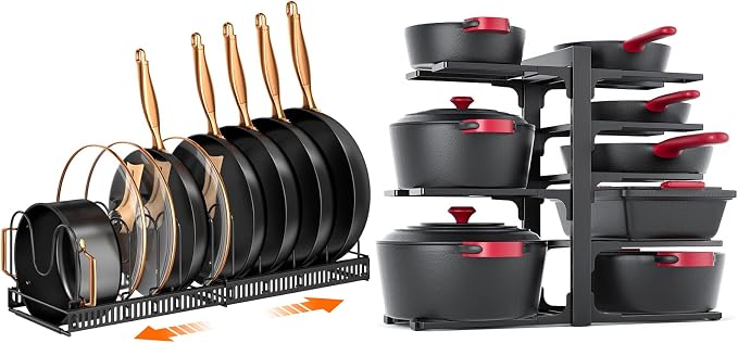 MUDEELA 8-Tier Heavy Duty Adjustable Pots and Pans Organizer and 10 Expandable Pans Organizer Rack for under Cabinet Bundle