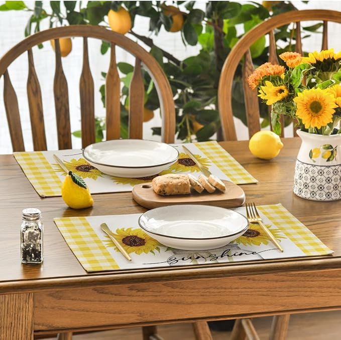 Artoid Mode Yellow Buffalo Plaid Sunflower Sunshine Vase Summer Placemats Set of 4, 12x18 Inch Spring Table Mats for Party Kitchen Dining Decoration