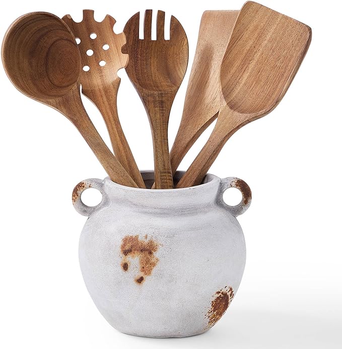 MIYUKI Rustic Kitchen Utensil Holder, Vintage Ceramic Utensil Crock with Handle, Antiquing Kitchen Countertop Organizer