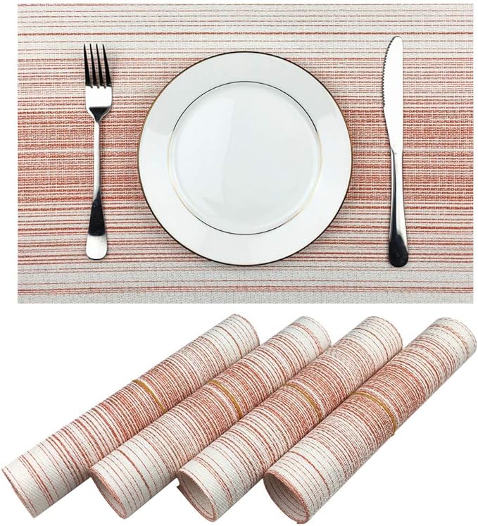 Placemat,Blending Color Durable Woven Vinyl Placemat Washable Heat-Resistant Anti-Skid Kitchen Dining Table Mats (Set of 4, Red with White)