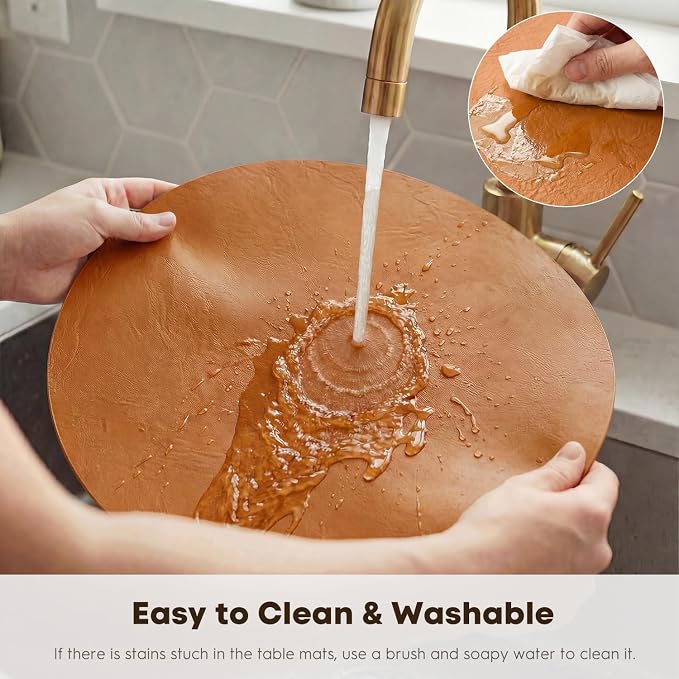 Artoid Mode Rust Faux Leather Placemats Set of 4, 15 Inch Waterproof Wipeable Heat Resistant Vinyl Place Mats, Reversible Table Mats for Fall Kitchen Dining Decor