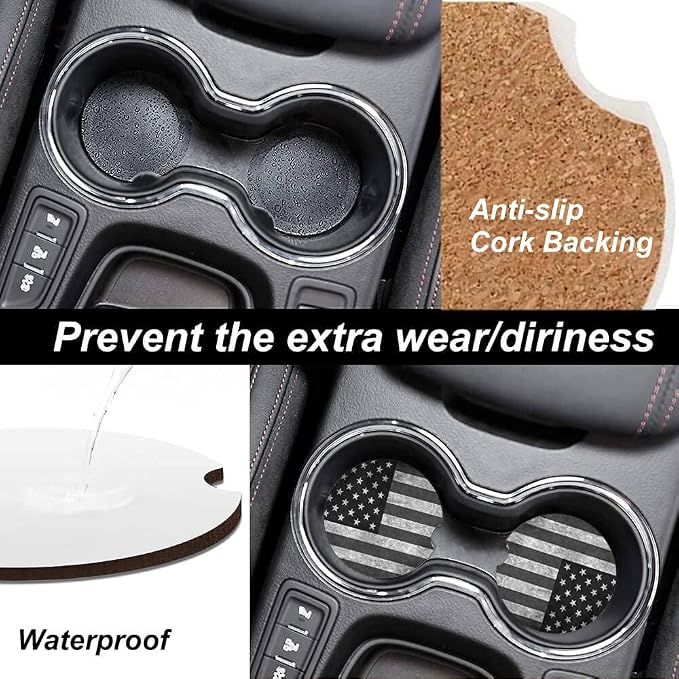 Black Grey American Flag Absorbent Cup Holders Car Coasters,Ceramic Stone Drinks Coaster Set for Women Man 2.56"(2 Pack)