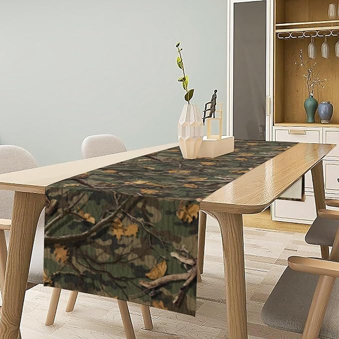 Camouflage Tree Table Runner, Vintage Country Aged Camouflage Nature Hunting Maple Leafs Table Decor Table Top Dining Kitchen Wedding Party 13x70 in