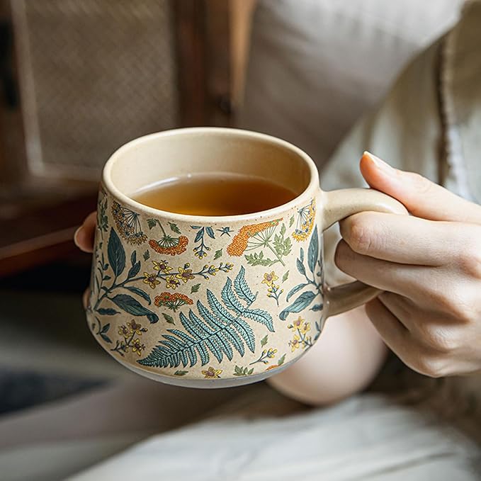 Ceramic Coffee Latte Mug, Vintage and Cute Floral Pattern With Handle, Unique Watercolor Floral Design Teacup, Suitable for Home and Office use, Microwave Safe (Green)