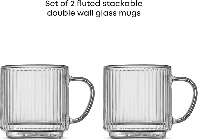 JoyJolt Haven Stackable Fluted Glass Mugs Set of 2, 5.5oz Ribbed Double Wall Glass Coffee Mugs, Stacking Insulated Coffee Cup Set also for Espresso Shot Tea Latte Macchiato Cappuccino