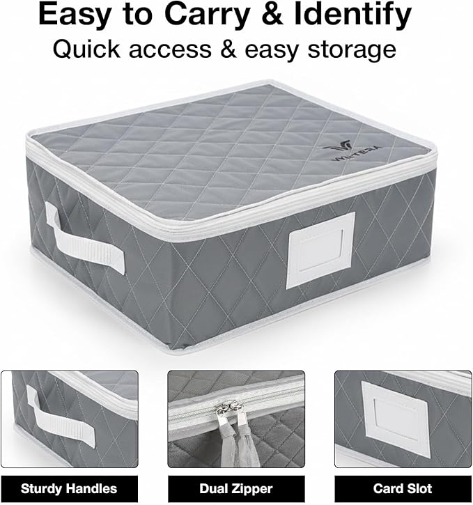 Mug Storage Organizer Set of 2 – 12 Compartment Cup Storage Boxes with Lid, Stackable Woven Fabric Holder for Coffee Mugs, Glassware & Teacups (Oxford Cloth, Padded, Gray)