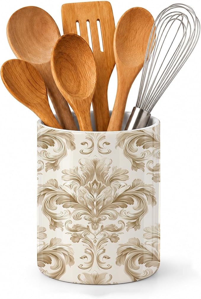Ceramic Kitchen Utensil Holder for Countertop,Gold Damask Flower Vintage Large Utensil Crock for Kitchen Counter,Cooking Utensil Organizer for Spatulas,Spoons