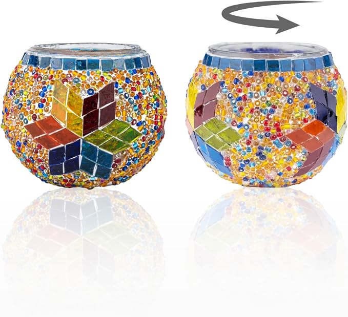 KAFTHAN Mosaic Glass Large Single Candle Holder - Round Bowl, Plant Pot, Votive Candle Holder - Decorative Vase & Unique Table Centerpiece for Wedding, Ball & Home - (3.7" x 3.5", Multicolor Star)