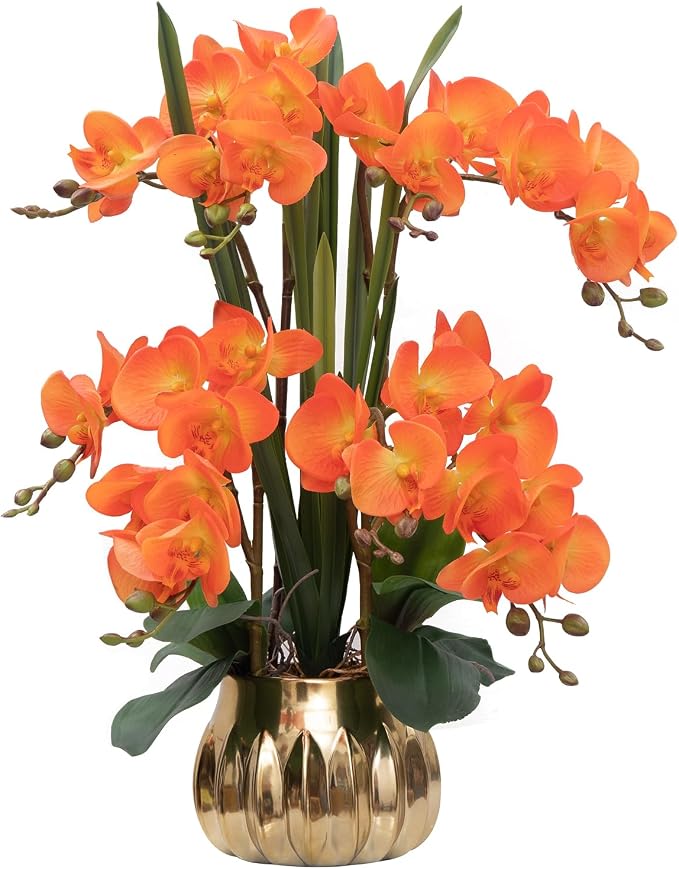 CXGS Artificial Orchid Flower Real Touch Faux Orchids in Ceramic Vase Large 22.9'' Fake Flowers Orange Phalaenopsis Floral for Home Indoor Decor