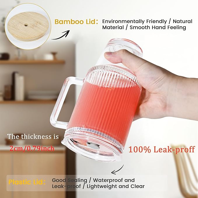 24 oz Glass Cups with Handle Iced Coffee Glass Tumbler with Thick Plastic Lid Leak Proof Vintage Drinking Glasses for Gift Juice Smoothie Boba Tea(Ribbed & Begonia)