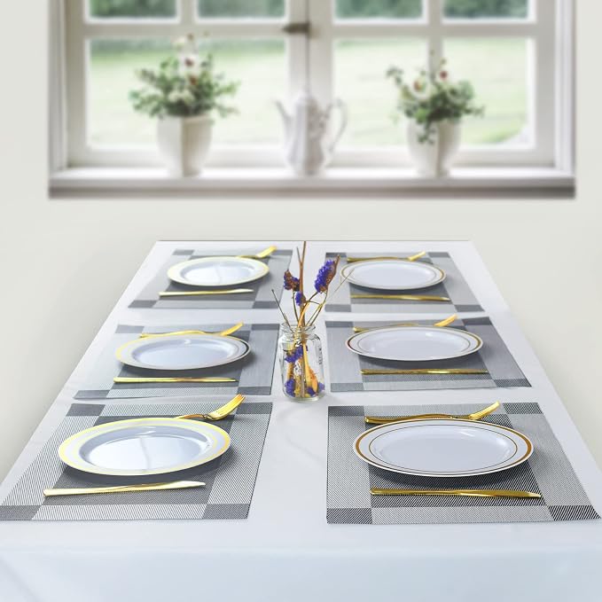 Placemats,Table Place Mats for Kitchen Dining, Heat-Resistant Anti-Skid Stain Washable PVC Table Mats, Easy to Cleaning Woven Vinyl Dinner Mats (Dark Silver, 6 Pack)