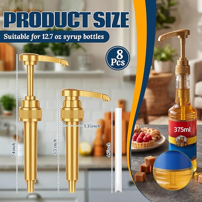 Zopeal 8 Pieces Coffee Syrup Pump Dispenser Fits 375ml/12.7oz Bottles, Syrup Pump for Coffee Flavoring, Creamers, Caramel, Beverages, Kitchen Cafe Bar Drinking Mixes Food Dispenser(Gold)