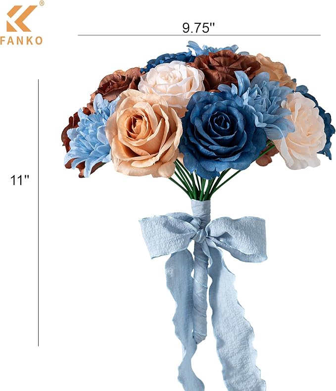 FANKO Artificial Flowers for DIY, Blue Brown Faux Flowers Bouquet, Fake Flowers with Roses Dahlia Silk Flowers for Vase, Home Decor, Wedding Centerpiece, Father’s Day, Party