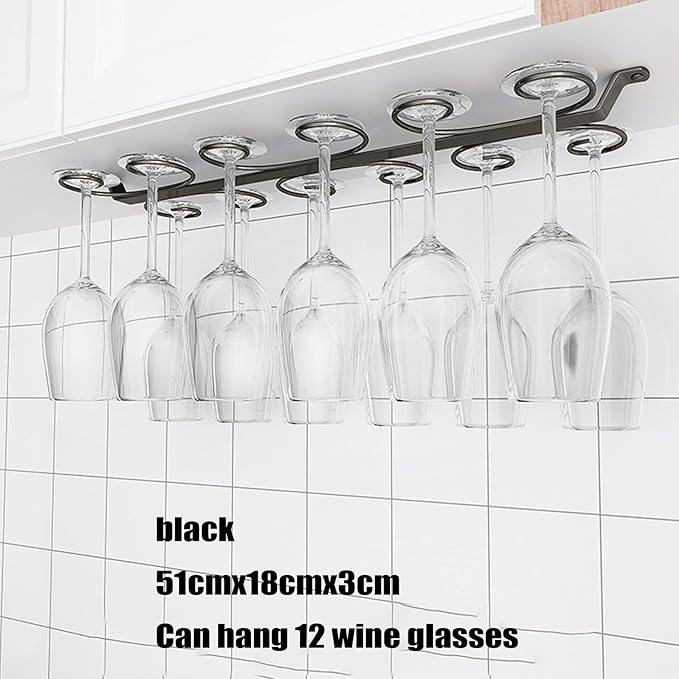 Under Cabinet Wine Glass Holder Iron 12 Hooks, Black Wire Hanging Rack, Storage Hanger Organizer, Space Saving, With 6 Hooks For Multiple Uses, Easy To Install