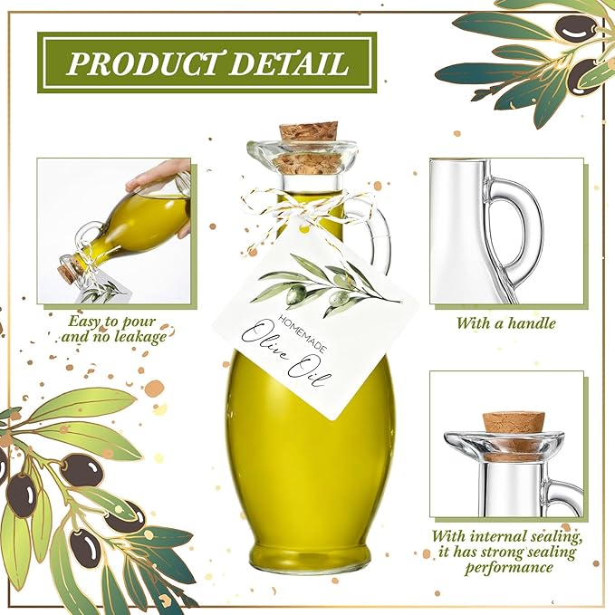 Vesici 20 Set Olive Oil Bottle with Stopper Mini Glass Oil Cruet Dispenser with Label Vinegar Bottle with Spout for Kitchen Salad Dressing Syrup Container for Wedding Baby Shower Favors(8.5 oz 1)