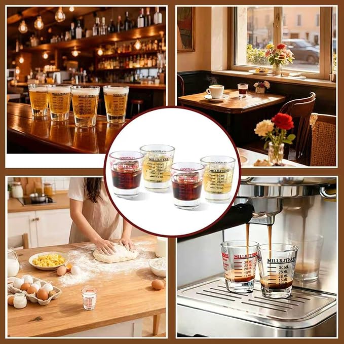 Shot Glass Measuring Cup Set of 4, Thick Base and Smooth Edge Small Measuring Cup for Espresso and Liquor, Easy Cleaning with Four Units of Measurement (1 oz, 2 Tbs, 6 Tsp, 30 ml)