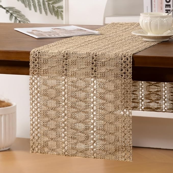 Burlap Brown Boho Woven Cotton Linen Table Runner 11"x60" with Tassels Rustic Macrame Farmhouse Table Runner for Summer Dining Room Wedding Kitchen Party