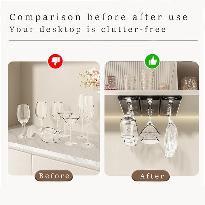 4Pack Wine Glass Holder - Under Cabinet, No Drilling Installation, Stemware Rack, Grey