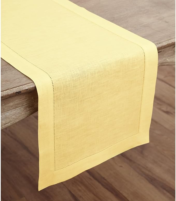 Solino Home Linen Yellow Table Runner 144 Inches Long - 100% Pure Linen Extra Long Table Runner 14 x 144 Inch for Summer - Classic Hemstitch