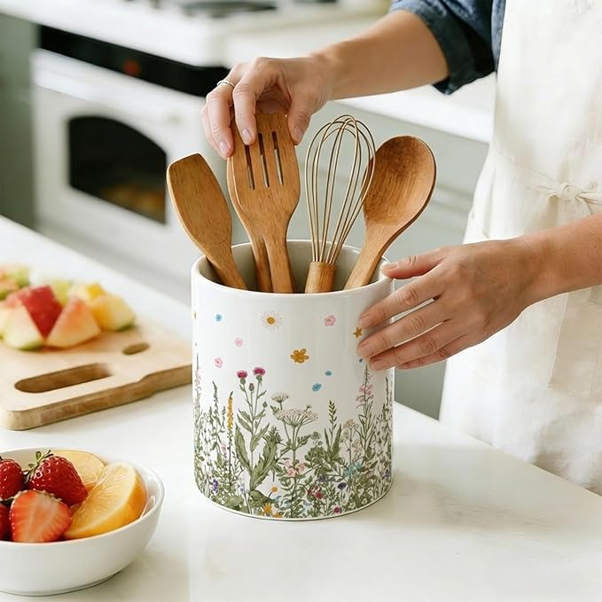 Whaline Wildflower Ceramic Utensil Holder Vintage Wild Floral Utensil Crock for Home Kitchen Countertop Storage Organizer Container