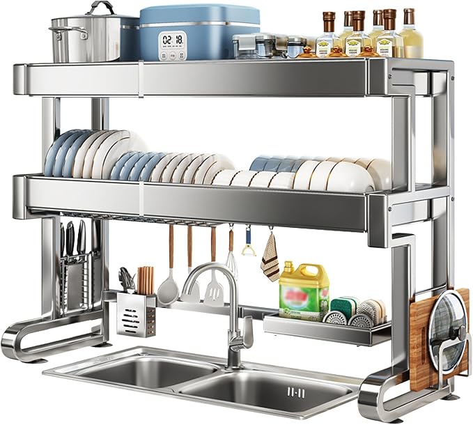 Over Sink Dish Drying Rack 3 Tier Dish Drying Rack Full 304 Stainless Steel Large Storage Kitchen Dish Rack Expandable Drainer Shelf Rack for Kitchen Counter Above Sink Organizer（23"-39"