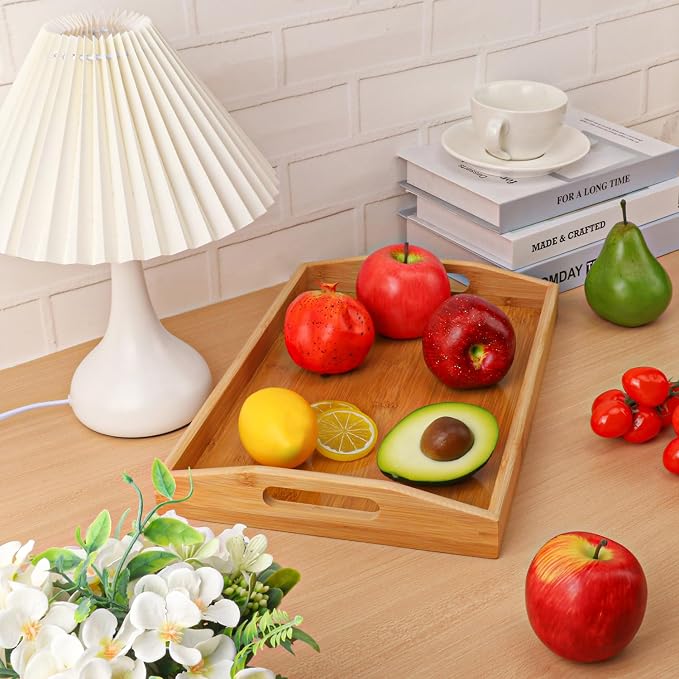 2 PCS Bamboo Serving Tray, 2 Size Nested Breakfast Bed Tray with Handle, Wood Serving Tray for Serving, Breakfast Bed Trays for Eating, Decor, Displaying Cake, Fruit