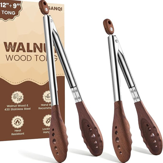 Kitchen Wooden Tongs for Cooking - 9 Inch & 12 Inch Nonstick Natural Walnut Wood Tongs, Stainless Steel Salad Tong with Walnut Wood Tips for Serving Food, Cooking, Salad, BBQ